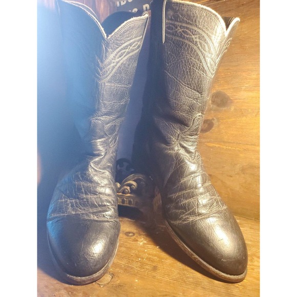 Justin Western Cowboy Boots Roper 3172 Black Polish Smooth Ostrich Men's 11.5 EE - Picture 1 of 16